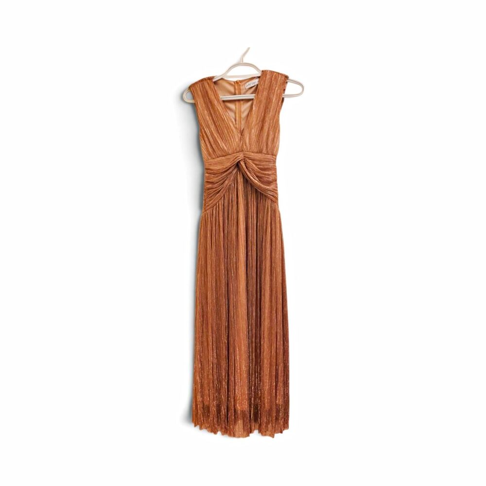 Petal + Pup Beige Pleated Maxi Dress V-Neck Sleeveless Ruched Lined XS